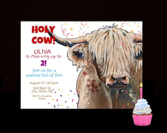 Invito di compleanno a tema mucca delle Highlands: mucche dipinte a mano, biglietto digitale modificabile