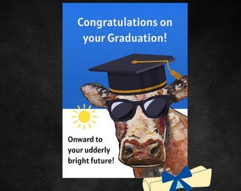 Biglietto di laurea a forma di mucca stravagante, modello modificabile.