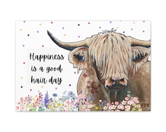 Quadro su tela raffigurante una mucca delle Highlands dipinta a mano, decorazione murale floreale stravagante, frase motivazionale