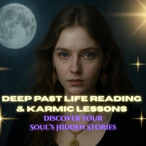 May include: A woman with long brown hair and blue eyes is centered in front of a dark background with a full moon and starbursts. Text reads "Deep Past Life Reading & Karmic Lessons. Discover Your Soul's Hidden Stories."