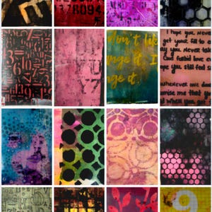 K&ouml;nnte beinhalten: Eine Sammlung abstrakter Kunstwerke mit verschiedenen Texturen und Farben. Einige St&uuml;cke zeigen Zahlen, Buchstaben und Textfragmente. Andere zeigen geometrische Muster, Kreise und organische Formen. Die Farbpalette umfasst Schwarz, Rot, Rosa und Gelb.