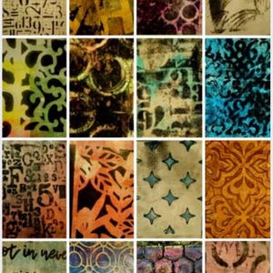 K&ouml;nnte beinhalten: Eine Collage aus 16 strukturierten Kunsttafeln mit verschiedenen Mustern und Designs. Die Tafeln zeigen Zahlen, Kreise, Bl&auml;tter und geometrische Formen in Farben wie Braun, Orange, Blau und Gr&uuml;n. Einige Tafeln enthalten Text.
