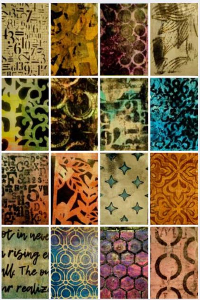 K&ouml;nnte beinhalten: Eine Collage aus 16 strukturierten Kunsttafeln mit verschiedenen Mustern und Designs. Die Tafeln zeigen Zahlen, Kreise, Bl&auml;tter und geometrische Formen in Farben wie Braun, Orange, Blau und Gr&uuml;n. Einige Tafeln enthalten Text.