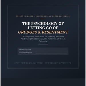 Op de afbeelding: Een donkerblauwe werkboekomslag met de titel The Psychology of Letting Go of Grudges & Resentment. Het bevat de ondertitel A 52-Page Clinical Workbook for Releasing Bitterness, Neutralizing Injustice Loops, and Reclaiming Emotional Autonomy.