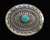 Vintage Pete Morgan Navajo Sterling Silver Concho Western Belt Buckle with Turquoise 62 Grams