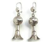Vintage Navajo Sterling Silver Squash Blossom Dangle Pierced Earrings Stamp Decorated