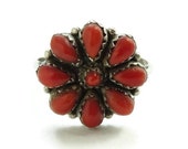 Vintage Native American Christine Eriacho Zuni Coral Petit Point Cluster Ring Size 9 3 4 - 10 Signed