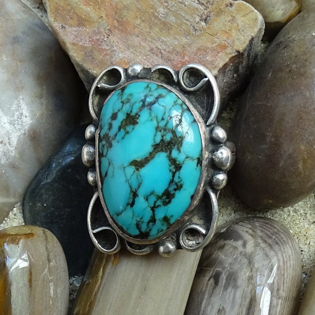 Vintage Navajo Turquoise Ring Size 6 1 2 Black Matrix Sterling Etsy