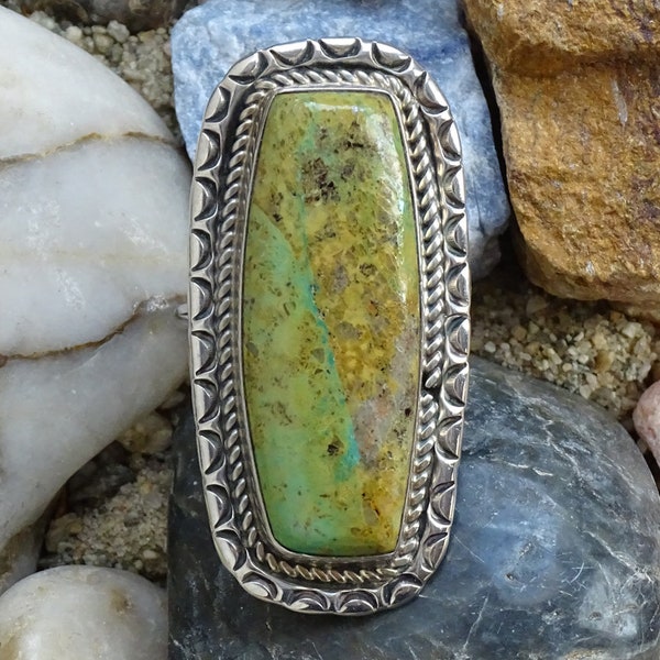 Vintage, Harry H. Spencer, Navajo, Green Turquoise Ring, Size 9.25, Sterling Silver,  Handmade, 11g, Navajo Ring, Native American Ring