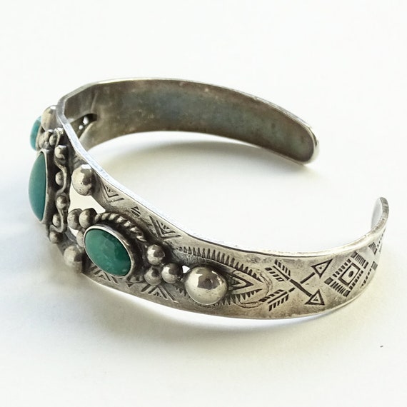 1930s Fred Harvey Silver Turquoise Stamped Cuff Bracelet, Size 6 1/2 Grams 32.5