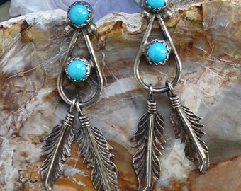 Vintage Southwestern, Pierced Post Earrings, with Turquoise + Feather Dangles,Turquoise Earrings,Sterling Silver Earrings,Southwest Earrings