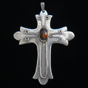 Vintage Large Southwestern Sterling Cross Pendant Petrified Wood Stone 3 1/2” Handmade