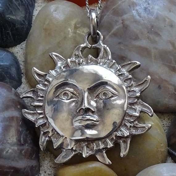 1 Large Celestial Sun Face Pendant Silver Tone Metal 60mm