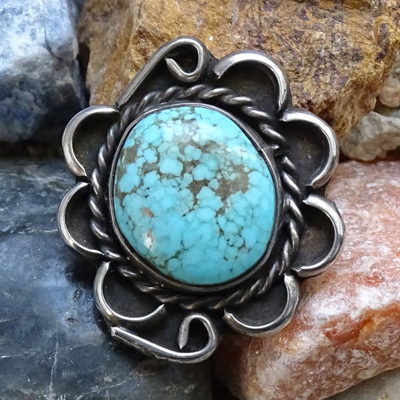 Vintage Navajo Turquoise Ring Spider Web Matrix S… - image 1