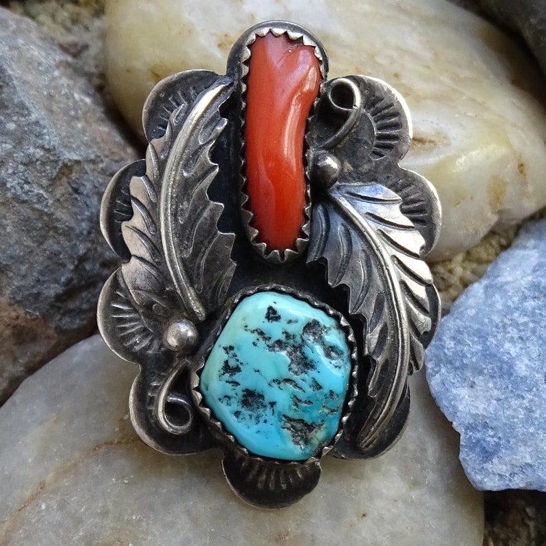 Vintage Non Native Anglo Jane McCrory Turquoise Coral Ring Size 8.5 Signed