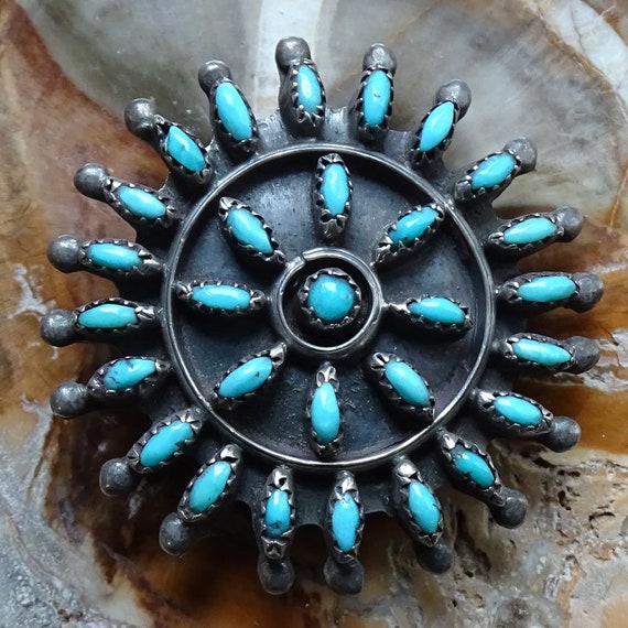 Sunbursting Silver Work Vintage Native American Navajo Old Morenci Turquoise Sterling Pin Sunbursting Silver Work Vintage Native American Navajo Old Morenci Turquoise Sterling Pin
