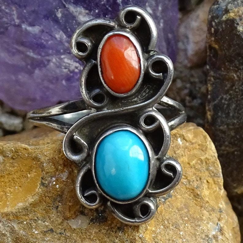 Vintage Navajo Sterling Silver Turquoise Coral Ring, Size 4.5 - Etsy