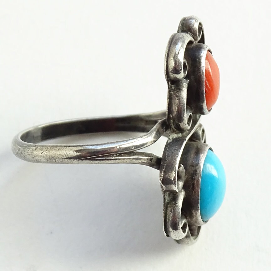 Vintage Navajo Sterling Silver Turquoise Coral Ring, Size 4.5 - Etsy