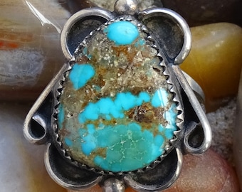 Vintage Navajo Turquoise Ring, Size 8.25, Sterling Silver