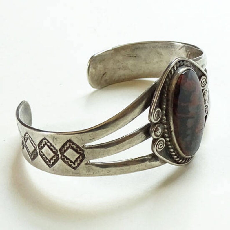 Old Fred Harvey Era Navajo Petrified Wood Sterling Silver Cuff Bracelet 1940s Handmade