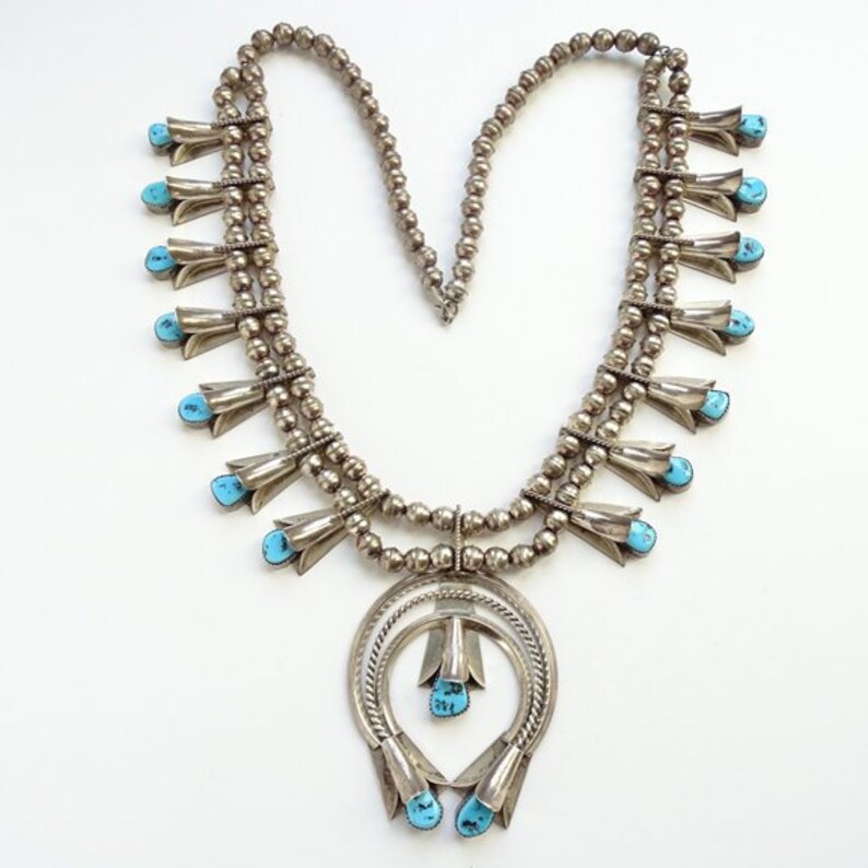 Navajo Frank Yazzie FY Turquoise Squash Blossom Necklace 120 Etsy