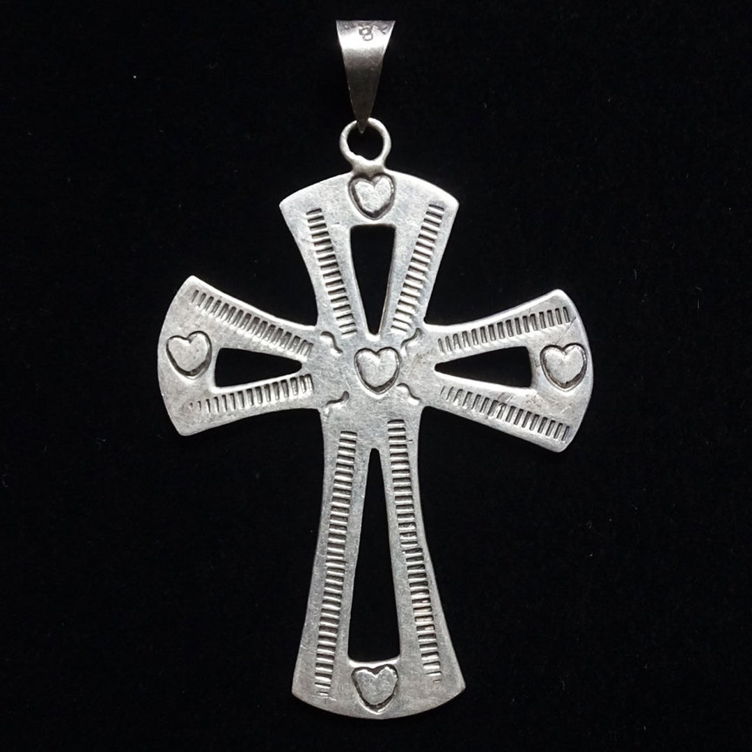 Vintage Taxco Mexico 925 Sterling Silver Cross Pendant Stamped Hearts ...