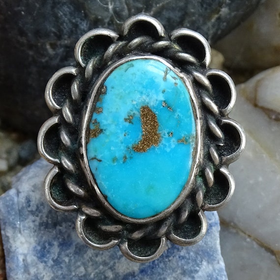 Vintage Navajo, Turquoise Ring, Two Color, Cold S… - image 1