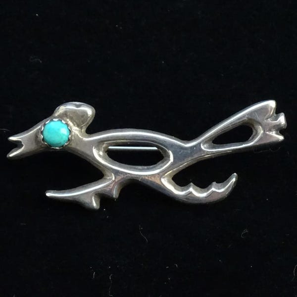 Native American Zuni ROAD RUNNER Pin Brooch Turquoise Dot Cast Sterling Silver Handmade