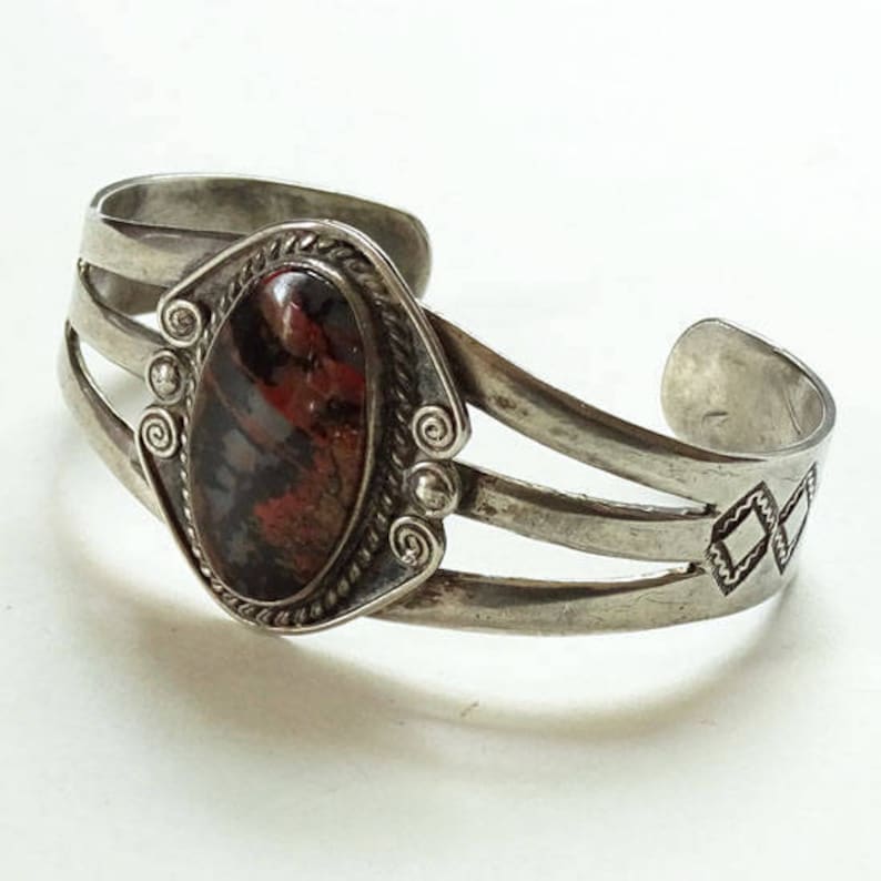 Old Fred Harvey Era Navajo Petrified Wood Sterling Silver Cuff Bracelet 1940s Handmade
