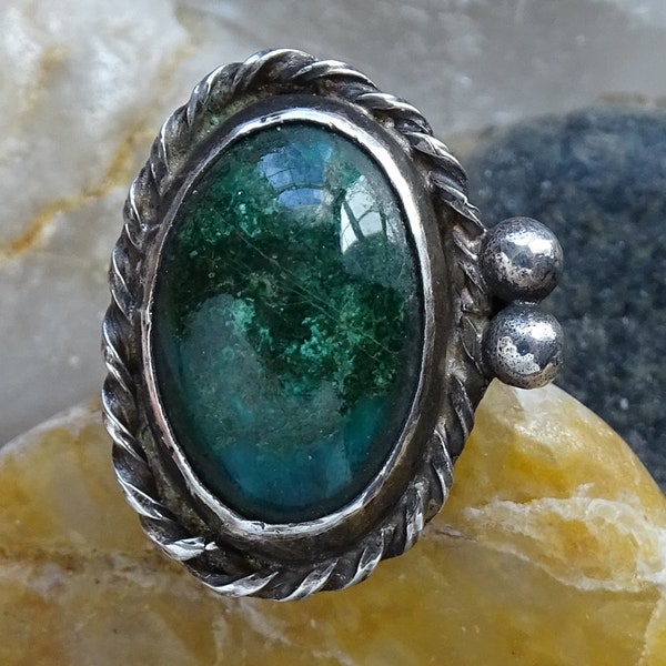 Vintage Native American Navajo Green Chrysocolla Gemstone Ring Size 6 Sterling Silver Straight Shank Handmade