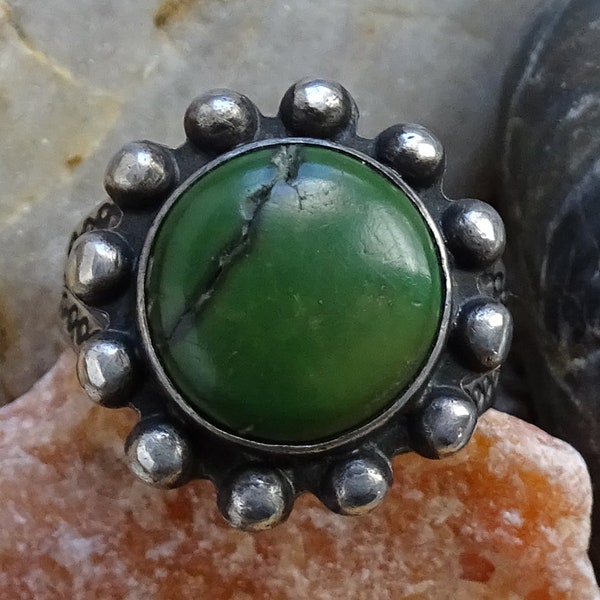 Old Fred Harvey Era Natural Green Turquoise Satellite Pinky Ring Size 5 1/2 Stamp Decorated Sterling Silver