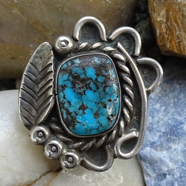 Vintage Leo Yazzie Navajo Turquoise & Sterling Silver Ring Size 6 3/4 Signed LY