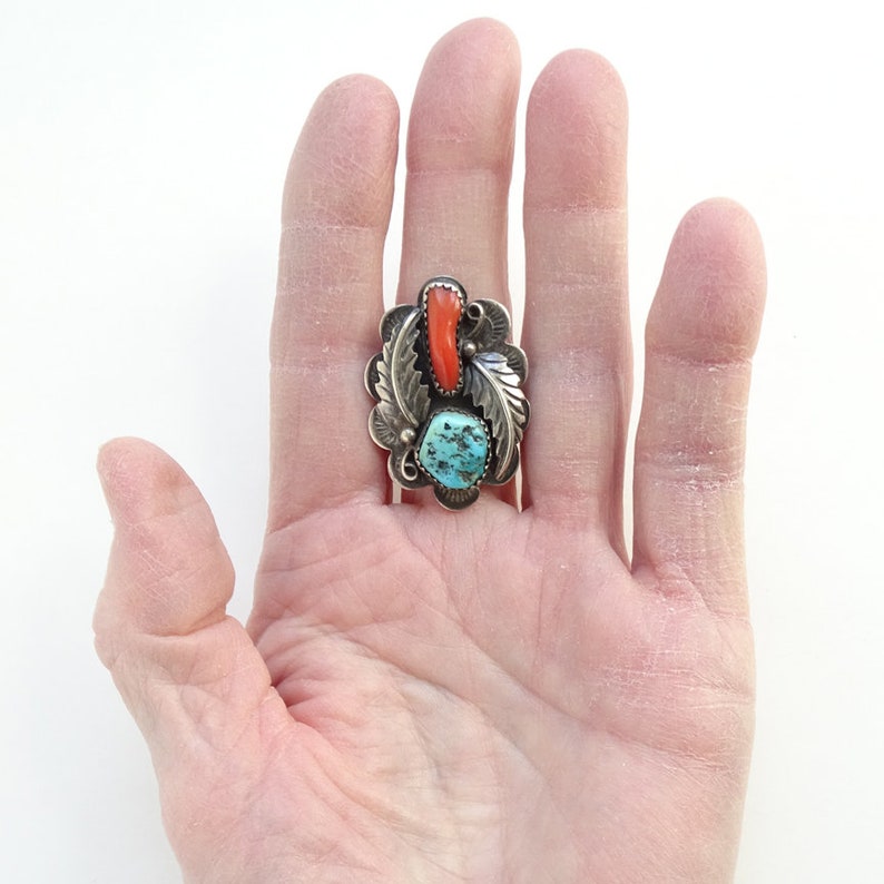 Vintage Non Native Anglo Jane McCrory Turquoise Coral Ring Size 8.5 Signed