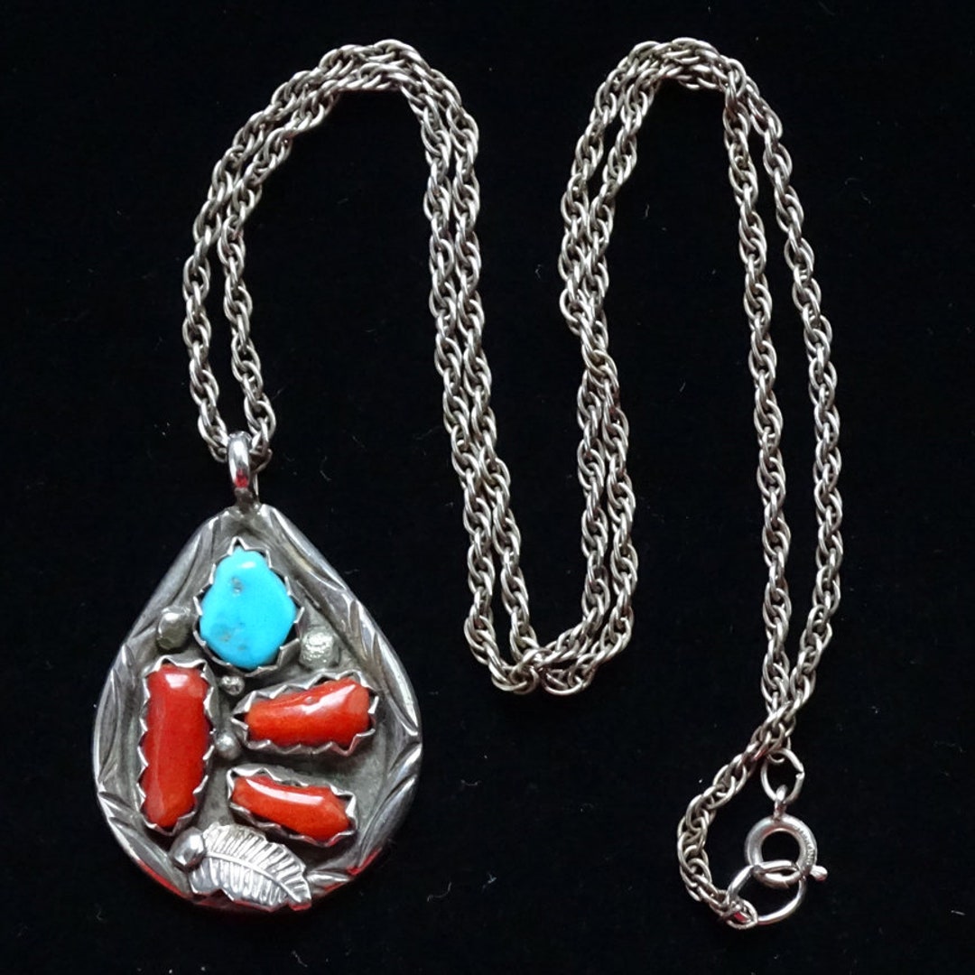 Navajo Turquoise Red Coral Sterling Cardinals Necklace 16.25