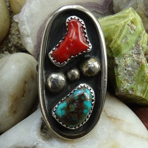 Amazing Vintage Native American Navajo 2 Coral Turquoise Sterling Silver Shadowbox Bracelet Amazing Vintage Native American Navajo 2 Coral Turquoise Sterling Silver Shadowbox Bracelet