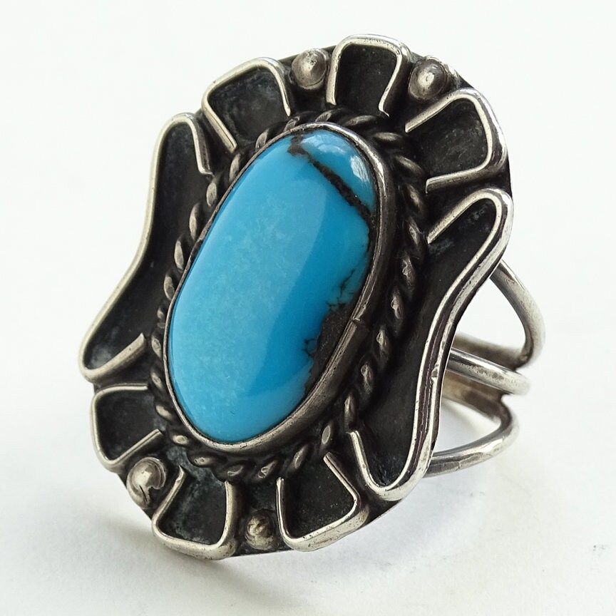 Vintage Native American Sterling Silver Turquoise Navajo Ring Signed LF ...