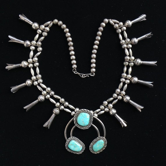 Native American Quality Spiderweb Turquoise Sterling Silver Squash Blossom Necklace- 200 Grams! Native American Quality Spiderweb Turquoise Sterling Silver Squash Blossom Necklace- 200 Grams!