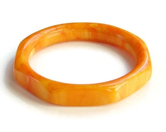 Bakelite Bangle Bracelet Marbled Tangerine Orange Lemon Yellow Octagonal 8 Side Shape Tested