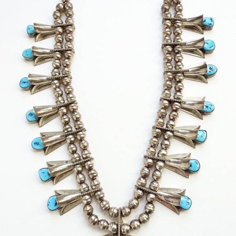 Navajo Frank Yazzie FY Turquoise Squash Blossom Necklace 120 Etsy