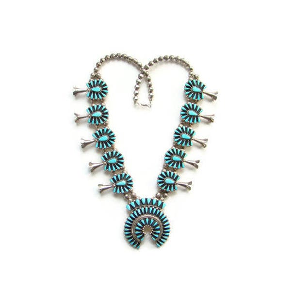 Vintage Zuni Turquoise Squash Blossom Petit Point Cluster Necklace Signed BY Sterling Silver, Zuni Squash Blossom, Zuni Turquoise Jewelry