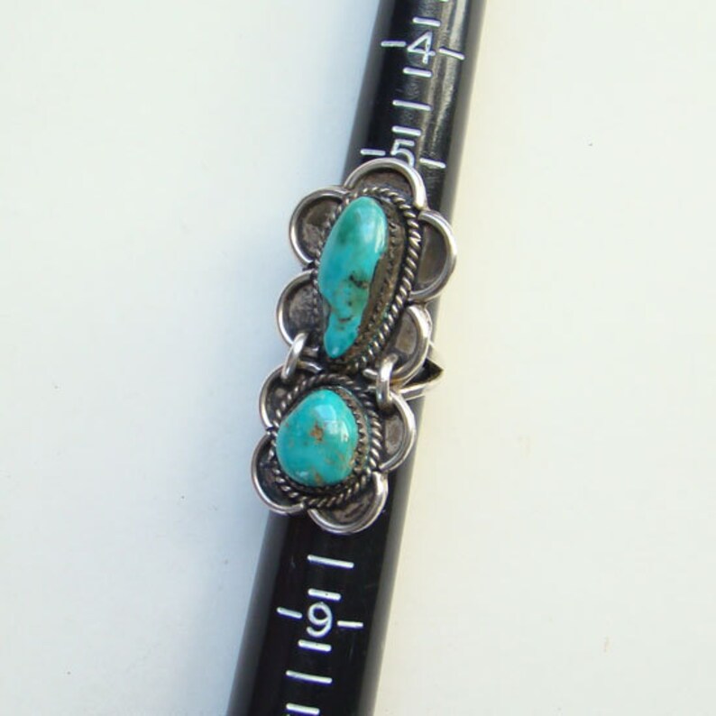 Vintage Native American Turquoise Ring Two Stones Sterling Silver Size 6 34