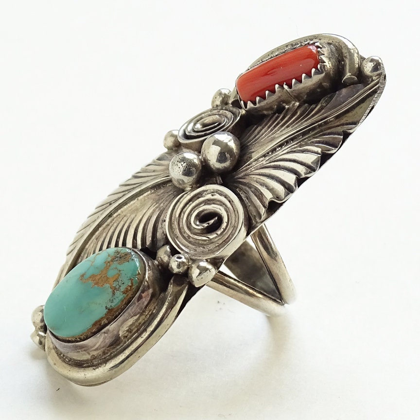 Vintage Navajo Sterling Silver Turquoise Coral Ring, Size 5.5 - Etsy