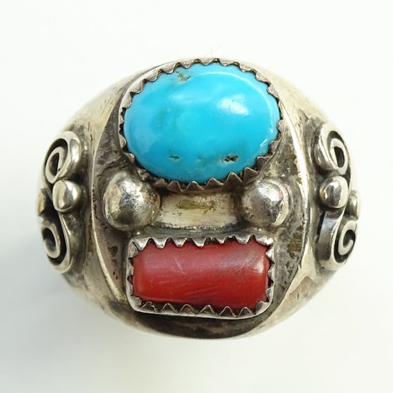 VINTAGE BB STERLING SILVER INLAY TURQUOISE CORAL RING. # 706 - munimoro ...