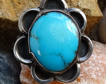 Vintage Navajo Turquoise Sterling Silver Ring, Size 5.75