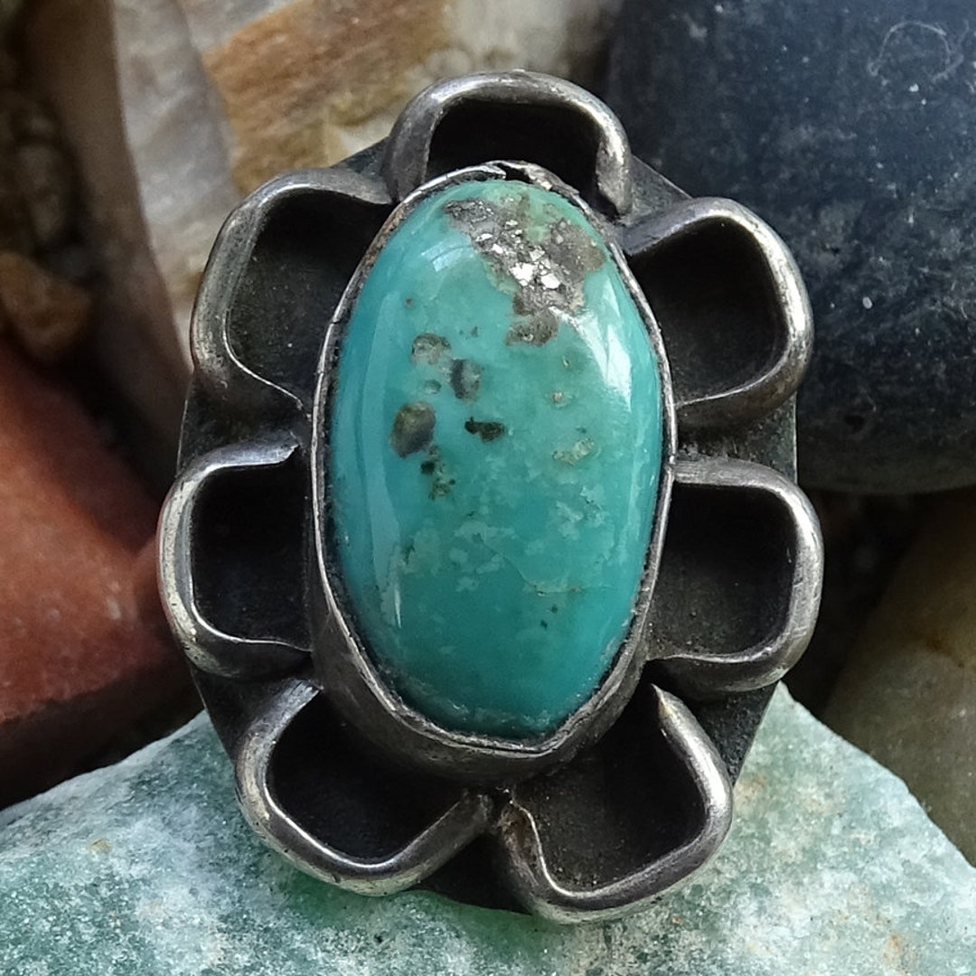 Vintage Navajo Turquoise Ring, Southwestern Sterling Silver, Size