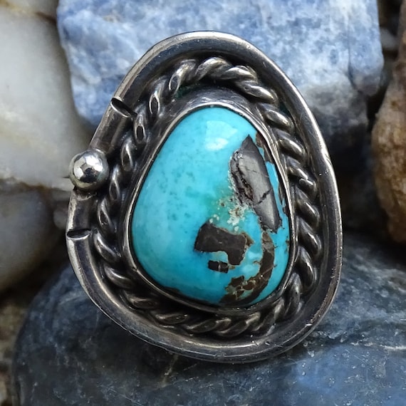 Rare!! Vintage Native American Jewelry Navajo Bisbee Turquoise Coral Sterling Silver Ring Old Rare!! Vintage Native American Jewelry Navajo Bisbee Turquoise Coral Sterling Silver Ring Old