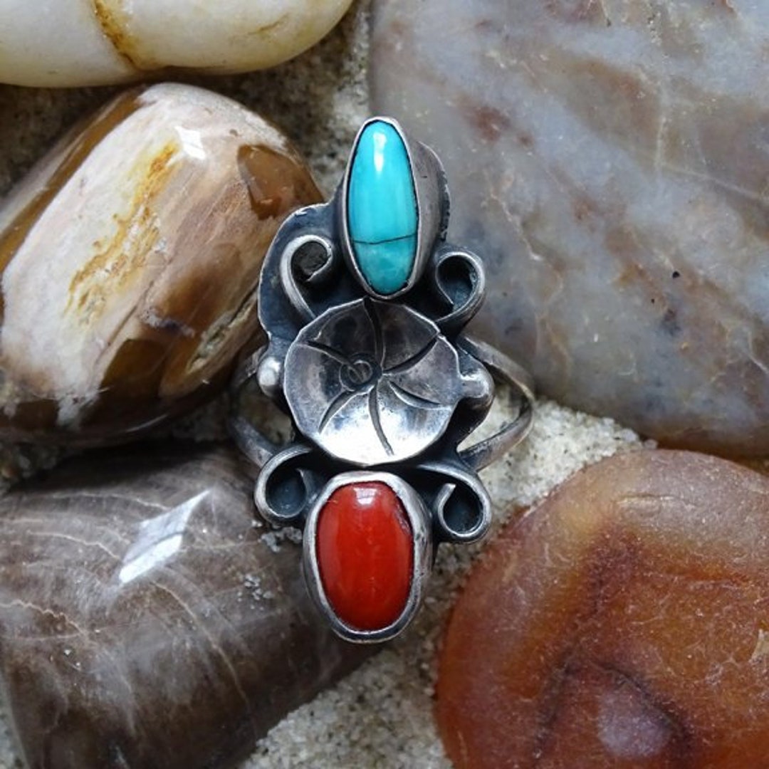 Vintage Navajo Turquoise Coral Ring Size 7 1/4 Sterling - Etsy