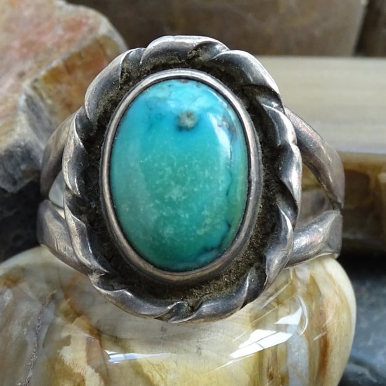 Vintage Southwestern Turquoise Ring Size 9 34 to 10 Sterling Silver Native American Indian Jewelry
