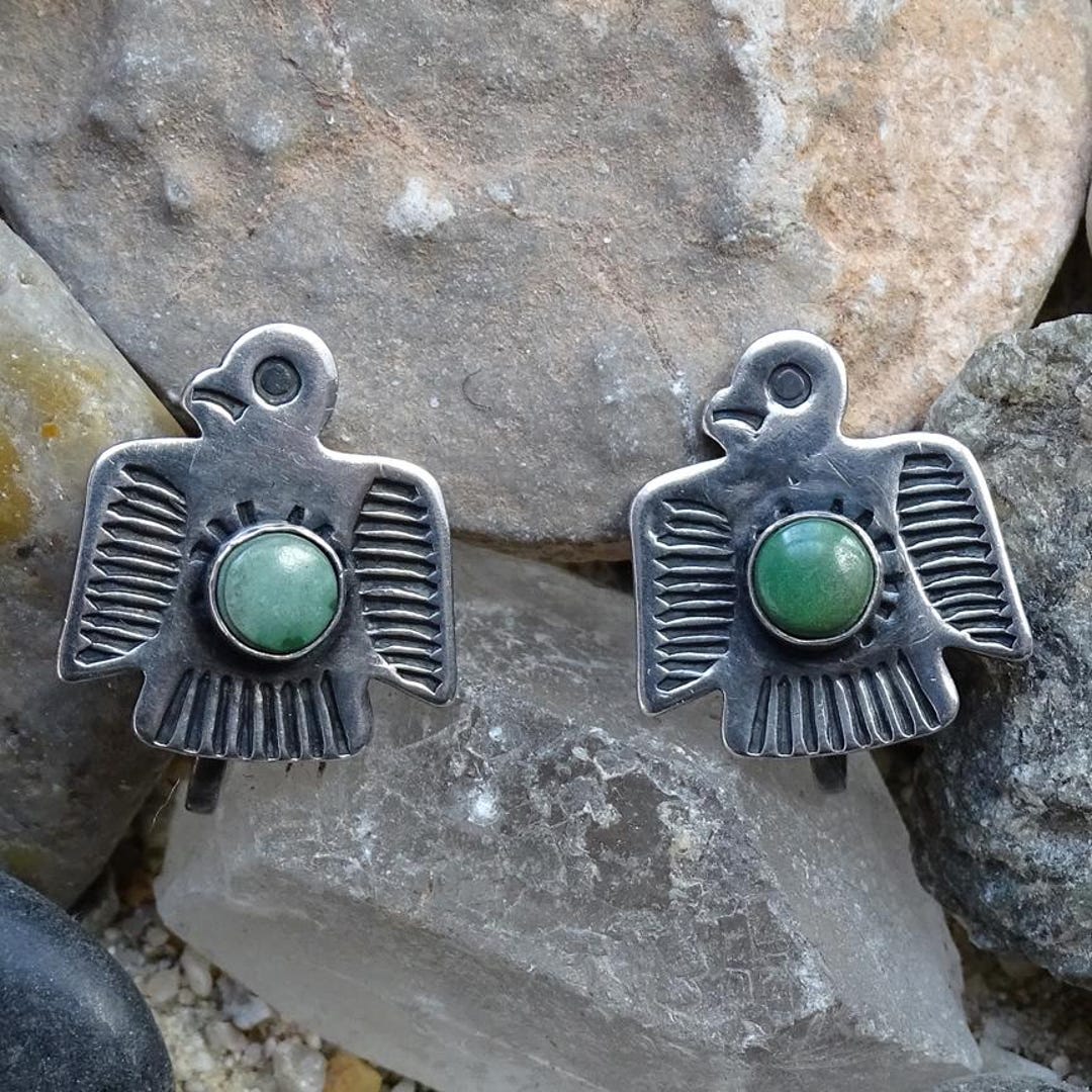 Vintage Navajo Green Turquoise & Sterling Thunderbird Earrings