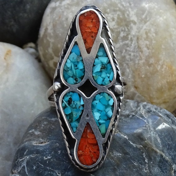 Shank Inlay Vintage Native American Navajo Turquoise Coral Sterling Silver Ring Shank Inlay Vintage Native American Navajo Turquoise Coral Sterling Silver Ring